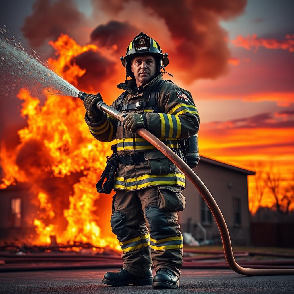 A brave firefighter in full gear, including a helmet, jacket, and boots, standing heroically in front of a blazing building with flames and smoke billowing around him