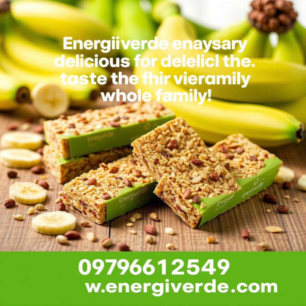 A delightful and enticing image showcasing Energiverde energy bars made from green bananas, highlighting their deliciousness and appeal for the entire family