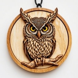 A detailed design of a Bran owl's head, featuring prominent horn-like tufts, enclosed within a circular frame