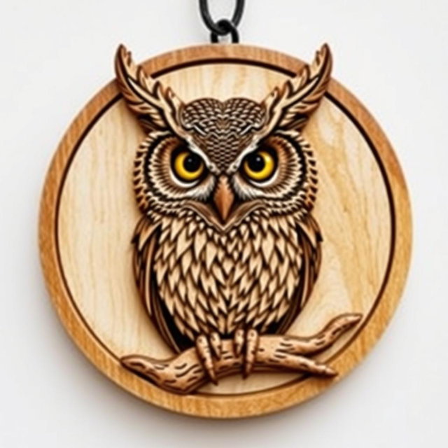 A detailed design of a Bran owl's head, featuring prominent horn-like tufts, enclosed within a circular frame