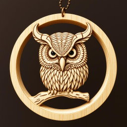 A detailed design of a Bran owl's head, featuring prominent horn-like tufts, enclosed within a circular frame