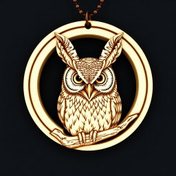 A detailed design of a Bran owl's head, featuring prominent horn-like tufts, enclosed within a circular frame