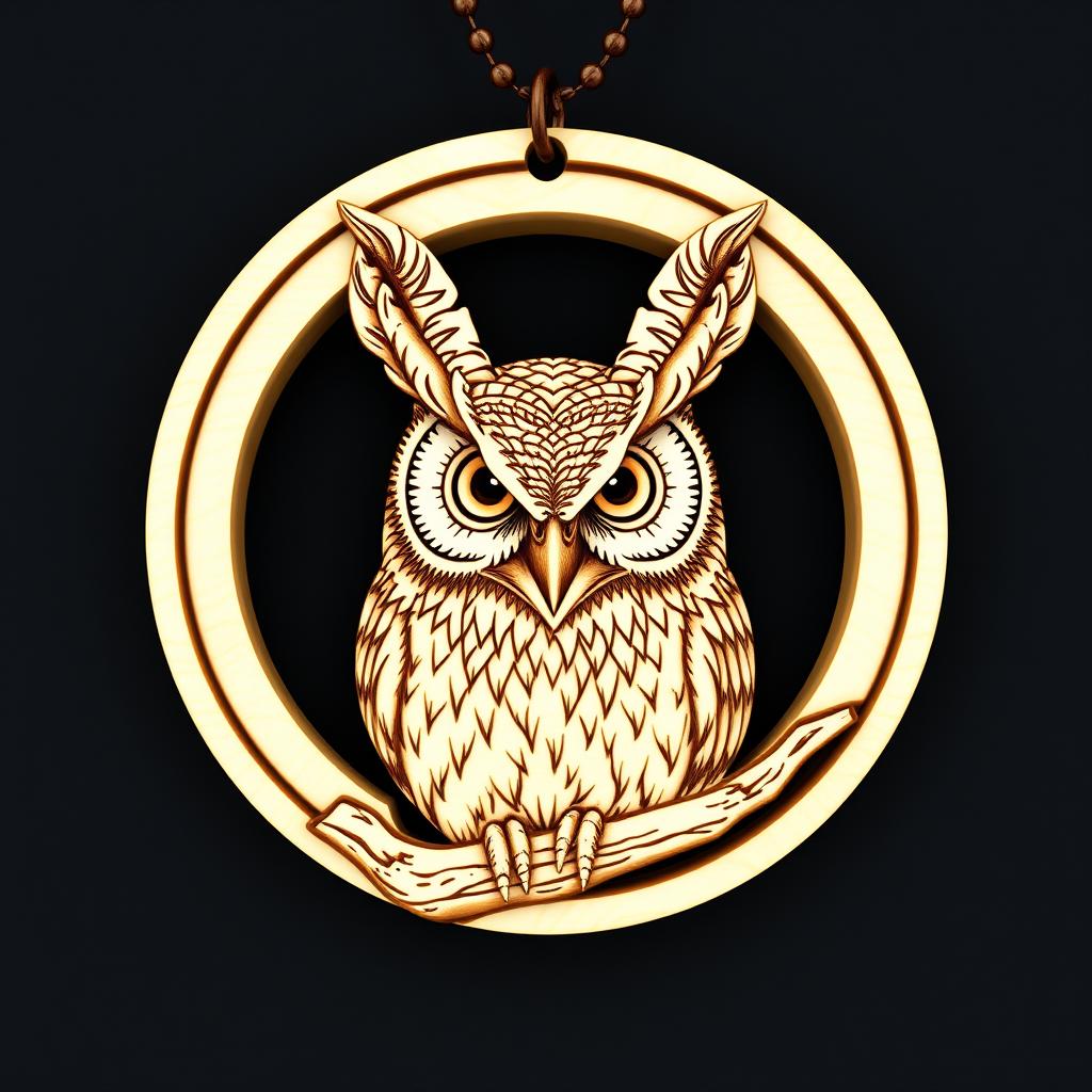 A detailed design of a Bran owl's head, featuring prominent horn-like tufts, enclosed within a circular frame