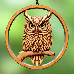 A detailed design of a Bran owl's head, featuring prominent horn-like tufts, enclosed within a circular frame