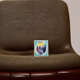 A close up of a vintage chair showcasing a distinct, retro anime album cover resting on its surface.