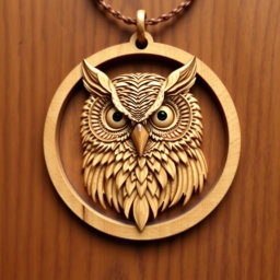 A complex and detailed design of a Straited scops owl's head, enclosed within a circular frame, intended for a wooden necklace