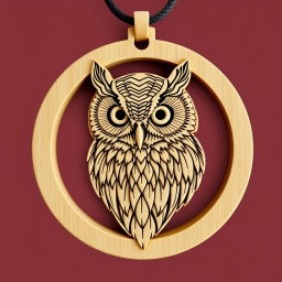 A complex and detailed design of a Straited scops owl's head, enclosed within a circular frame, intended for a wooden necklace
