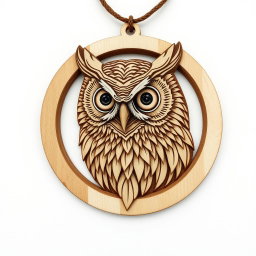 A complex and detailed design of a Straited scops owl's head, enclosed within a circular frame, intended for a wooden necklace