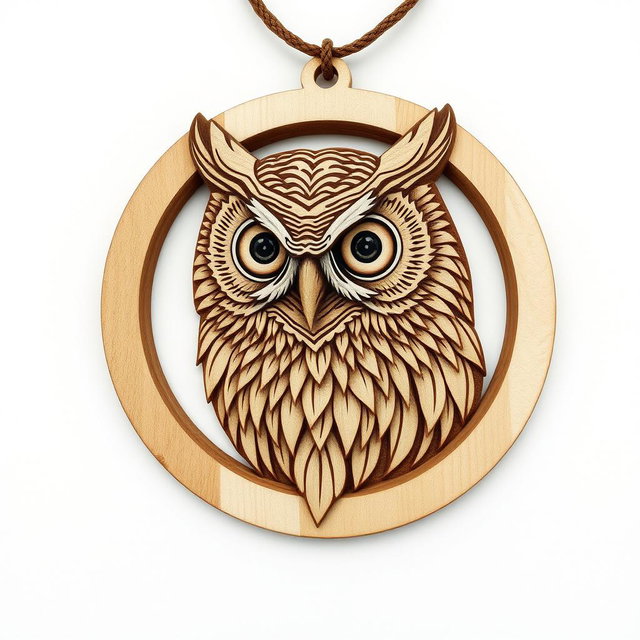 A complex and detailed design of a Straited scops owl's head, enclosed within a circular frame, intended for a wooden necklace