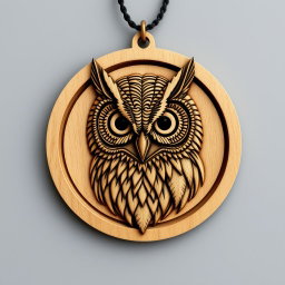 A complex and detailed design of a Straited scops owl's head, enclosed within a circular frame, intended for a wooden necklace