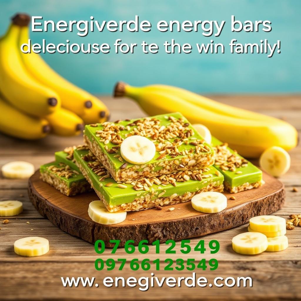 A delightful image showcasing Energiverde energy bars made from green bananas, beautifully arranged on a rustic wooden table