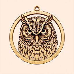 A complex and detailed design of a Straited scops owl's head, featuring its distinctive markings and round shape, enclosed within a circular frame