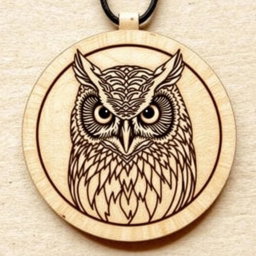 A complex and detailed design of a Straited scops owl's head, featuring its distinctive markings and round shape, enclosed within a circular frame