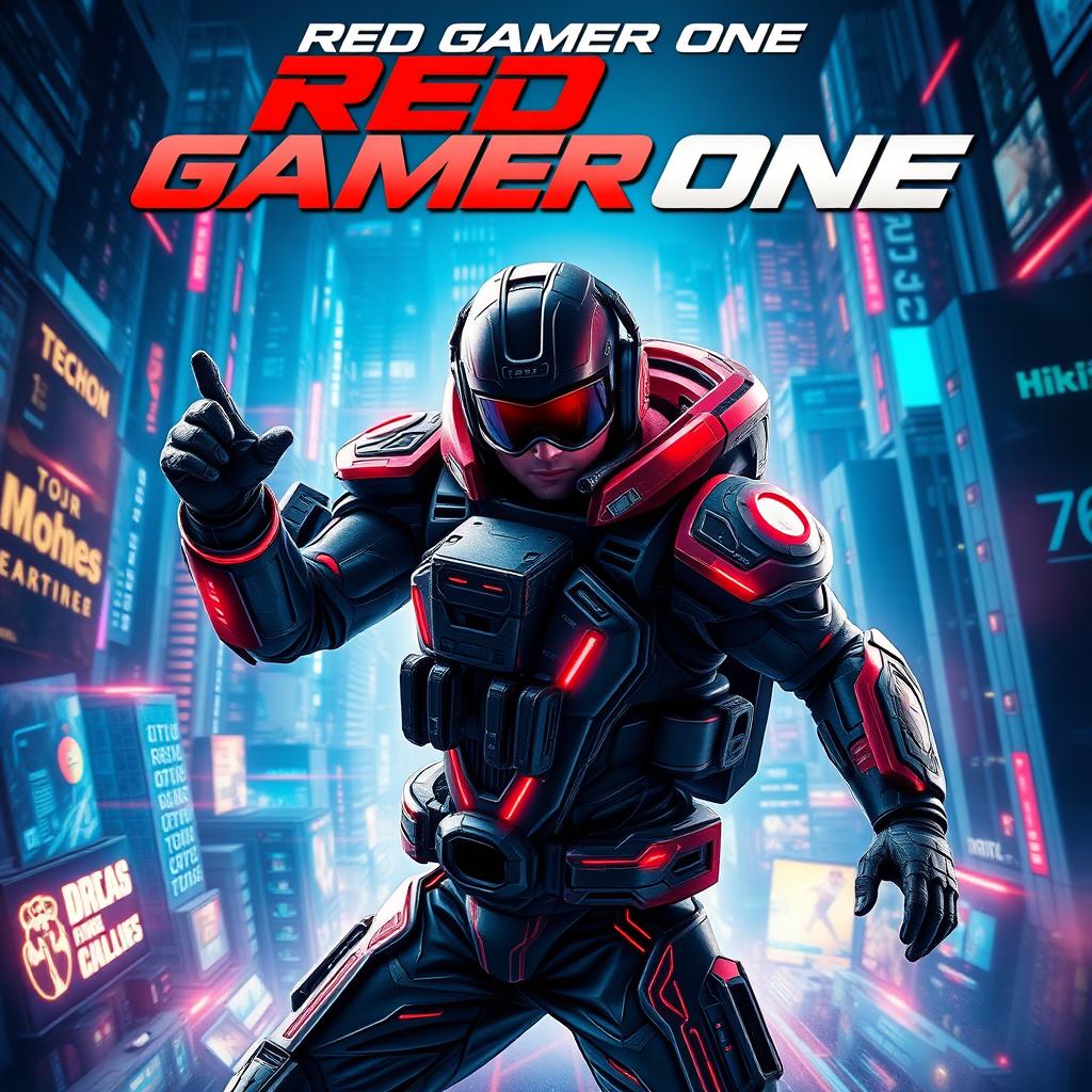 A dynamic movie poster featuring a tech gamer striking an action pose, surrounded by a vivid and energetic action video game style background filled with futuristic cityscapes and digital interfaces