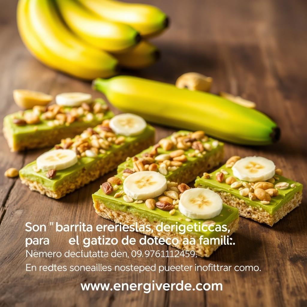 A vibrant and appetizing presentation of Energiverde energy bars made from green bananas, beautifully arranged on a rustic wooden table