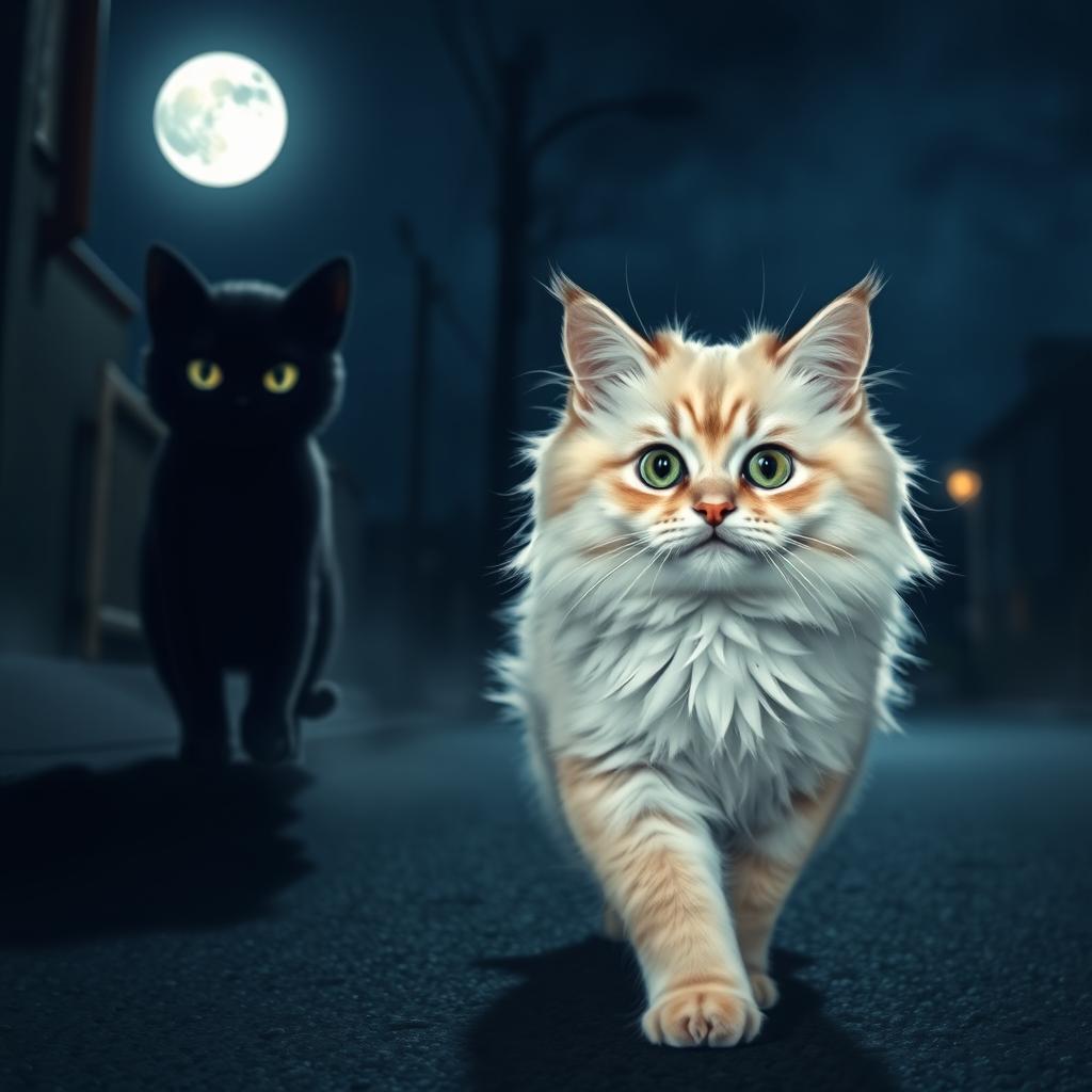 A very cute fluffy cat walking at night on a dimly lit street