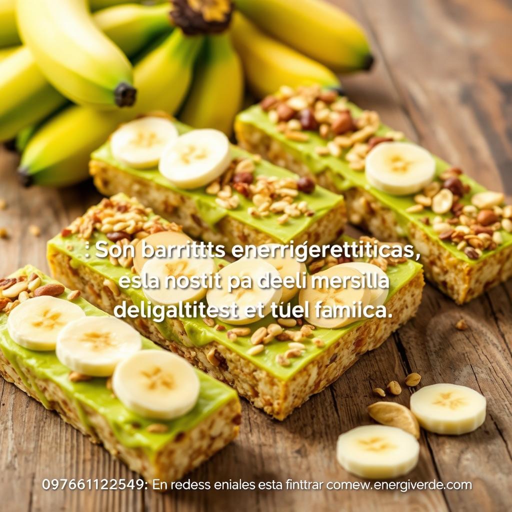 A vibrant and appetizing composition of Energiverde energy bars made from green bananas, beautifully arranged on a rustic wooden table