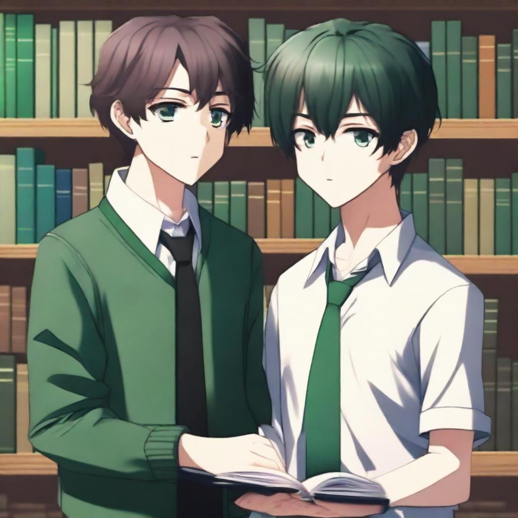 This is a high-quality 3D digital art image depicting a romantic encounter between two handsome anime-style high school boys in a library