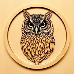 A detailed and intricate design of an Oriental Straited scops owl's head, showcasing its unique characteristics, enclosed within a circular frame