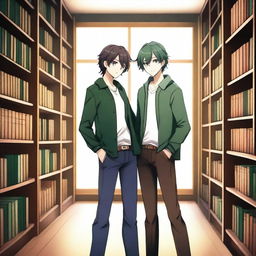 This is a high-quality 3D digital art image depicting a romantic encounter between two handsome anime-style high school boys in a library