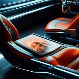 Close-up photograph of a retro anime album cover, carefully placed on the plush seat of a futuristic supercar.