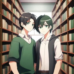 This is a high-quality 3D digital art image depicting a romantic encounter between two handsome anime-style high school boys in a library