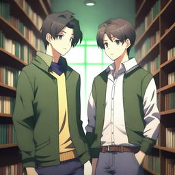 This is a high-quality 3D digital art image depicting a romantic encounter between two handsome anime-style high school boys in a library