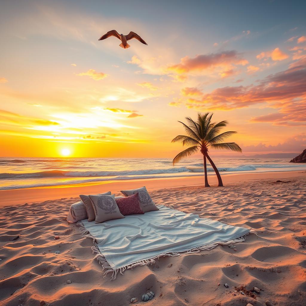 A serene, sunlit beach scene at sunset with gentle waves lapping at the shore
