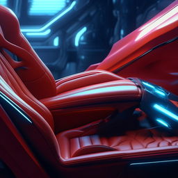 Close-up photograph of a retro anime album cover, carefully placed on the plush seat of a futuristic supercar.