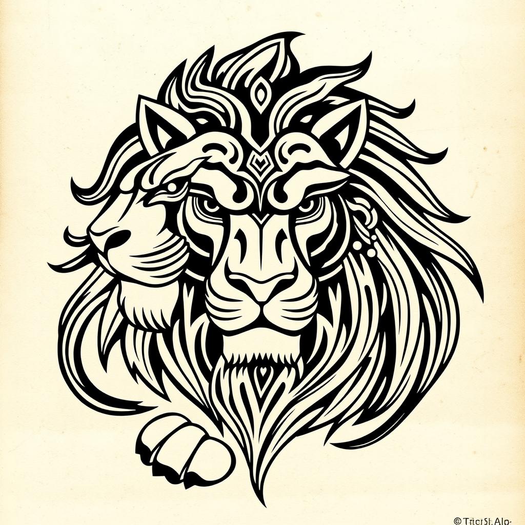 A stunning Maori lion tattoo art design, featuring intricate patterns and bold black lines characteristic of traditional Maori tattoo art