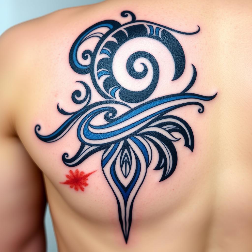 A beautiful representation of Maori tattoo art, showcasing intricate patterns and designs, primarily in blue, white, and black colors