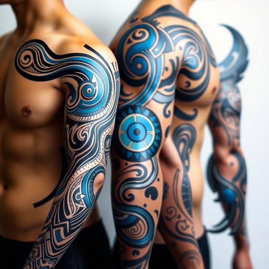 A stunning display of Maori tattoo art featuring intricate patterns and designs rendered in blue, white, and black colors