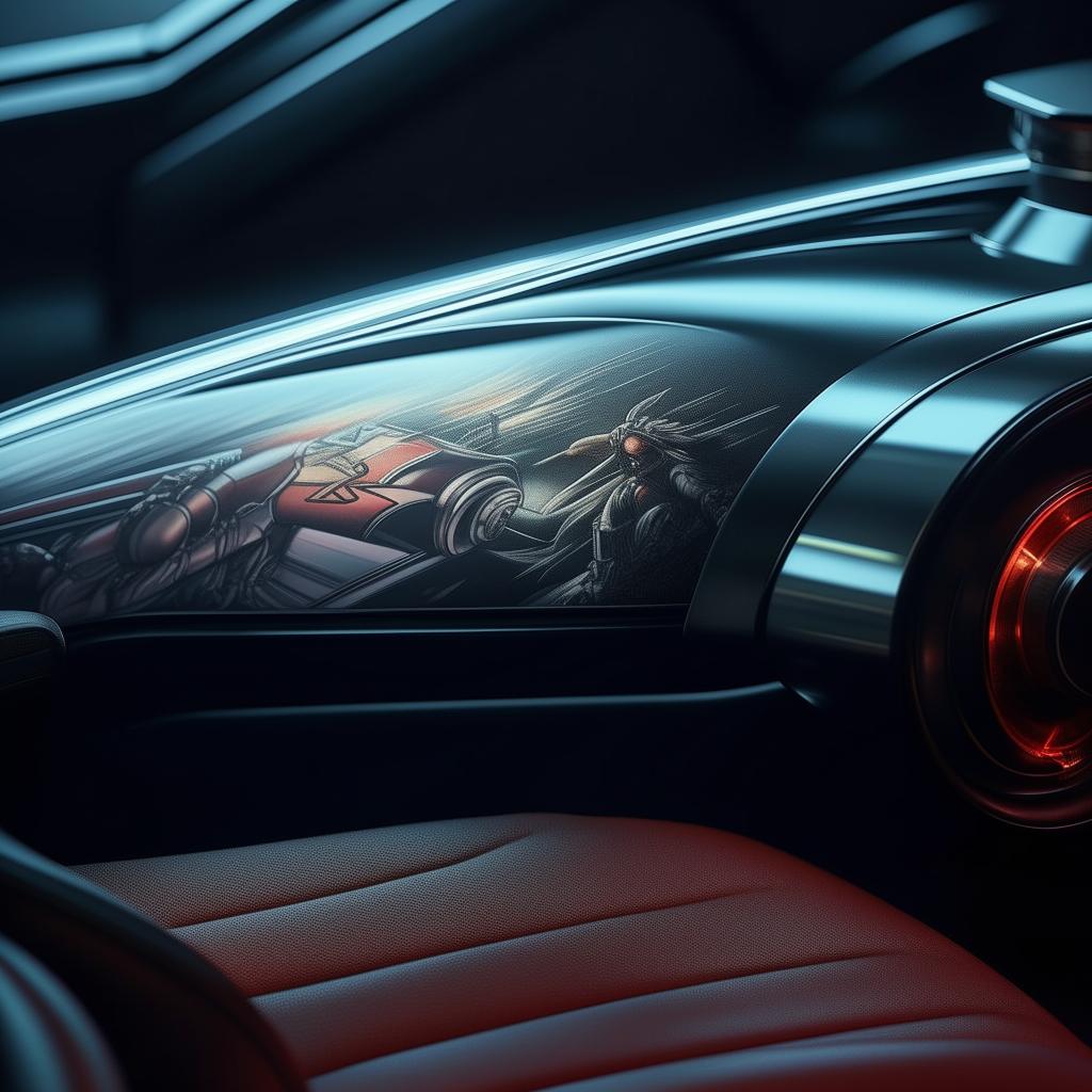 Close-up photograph of a retro anime album cover, carefully placed on the plush seat of a futuristic supercar.