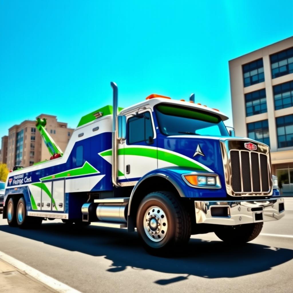 A towing truck featuring a vibrant blue and white color scheme with accents of green