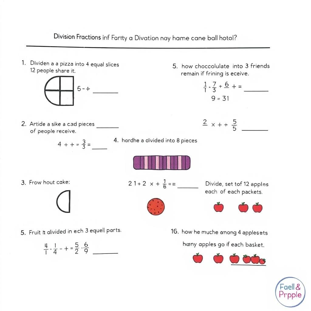 Five math questions for second grade elementary students that focus on fractions, using visuals to illustrate concepts of division