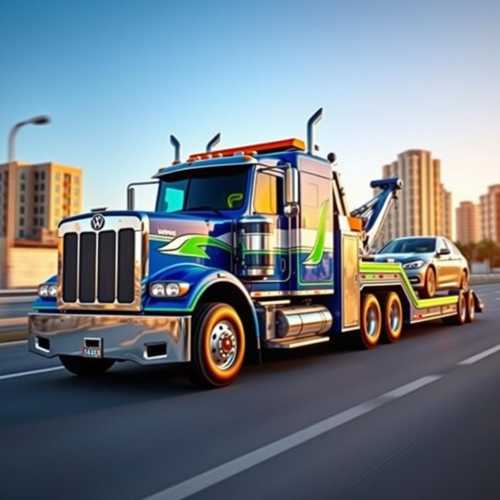 A striking towing truck designed in a vibrant color scheme of blue, white, and green