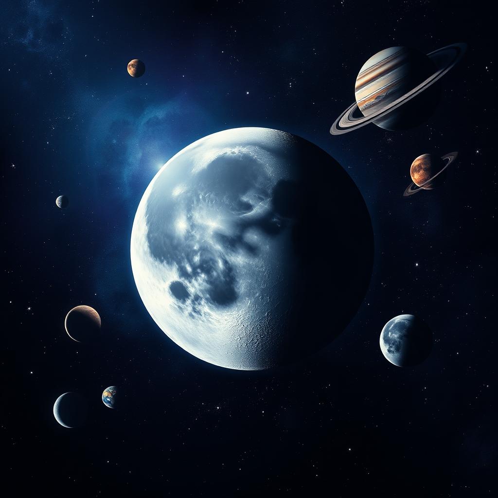 A stunning depiction of the moon prominently positioned at the center of the image, with a mesmerizing view of the solar system in the background