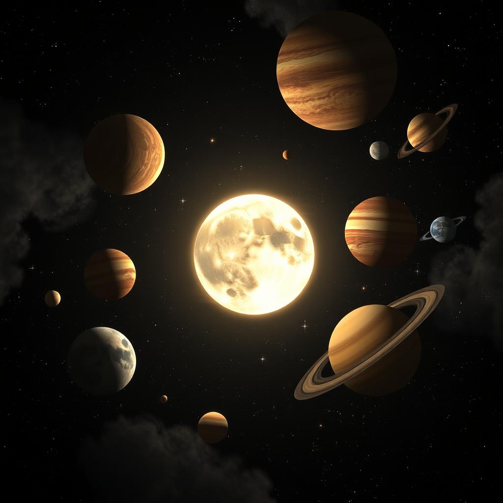 A captivating scene featuring the moon at the center, beautifully illuminated, with a backdrop of the entire solar system