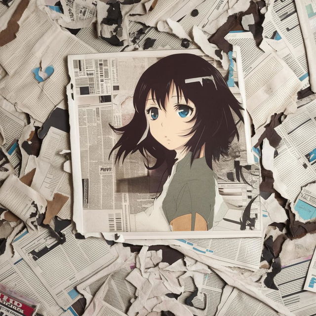 Close-up of a vintage-style anime girl album cover scattered amongst torn newspapers