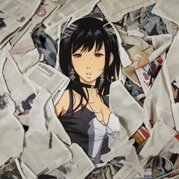 Close-up of a vintage-style anime girl album cover scattered amongst torn newspapers