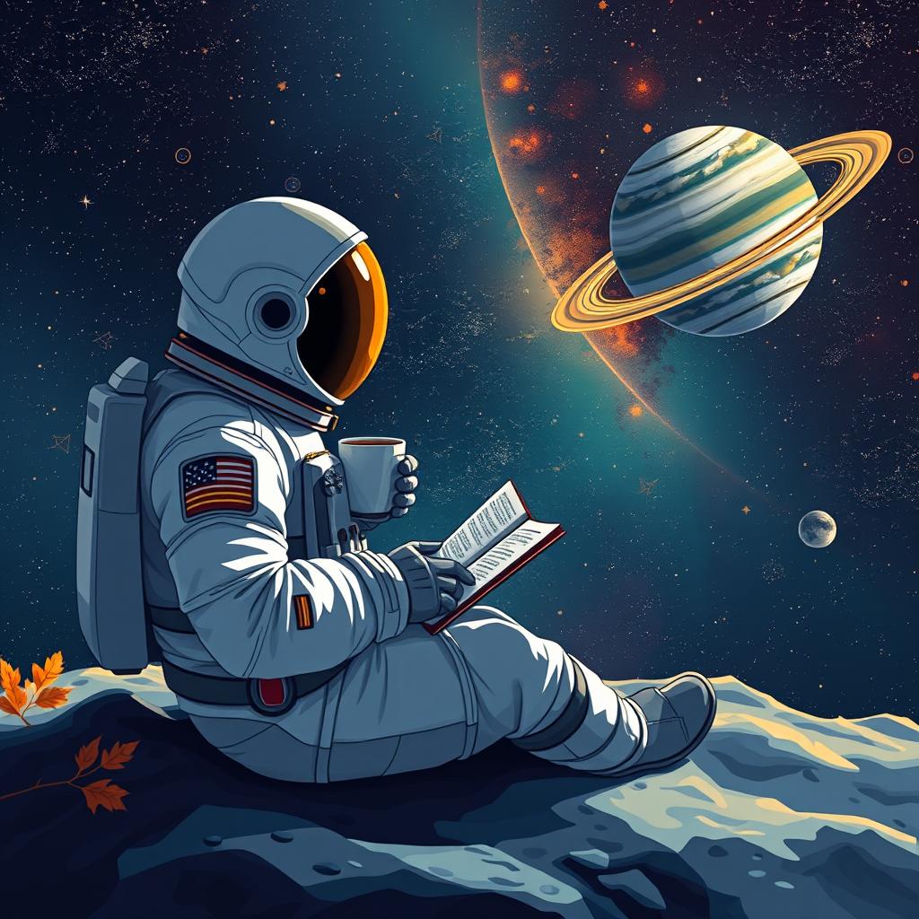 An astronaut in profile, sitting on the moon, enjoying a cup of coffee while reading a book, occupying 20% of the image