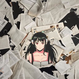 Close-up of a vintage-style anime girl album cover scattered amongst torn newspapers