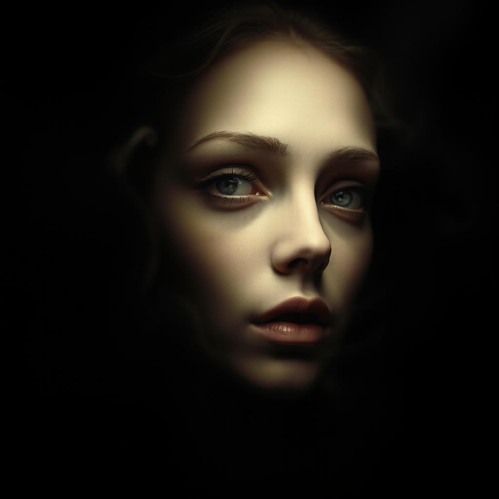 An eerie scene featuring a beautifully haunting face illuminated by a single, soft light against a deep black background