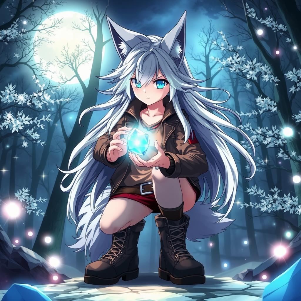 A dynamic anime scene featuring a fierce wolf girl with striking wolf ears and a fluffy tail
