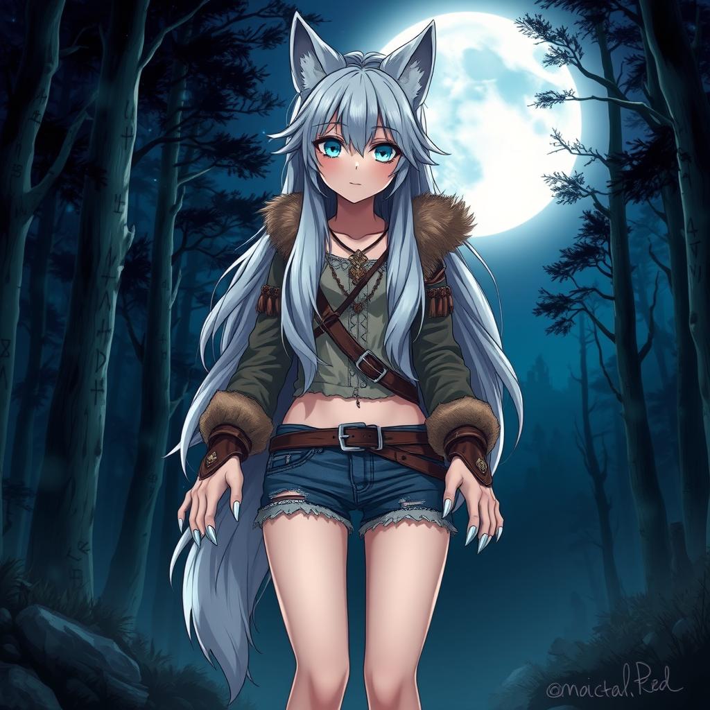 An anime-style werewolf girl standing in a moonlit forest