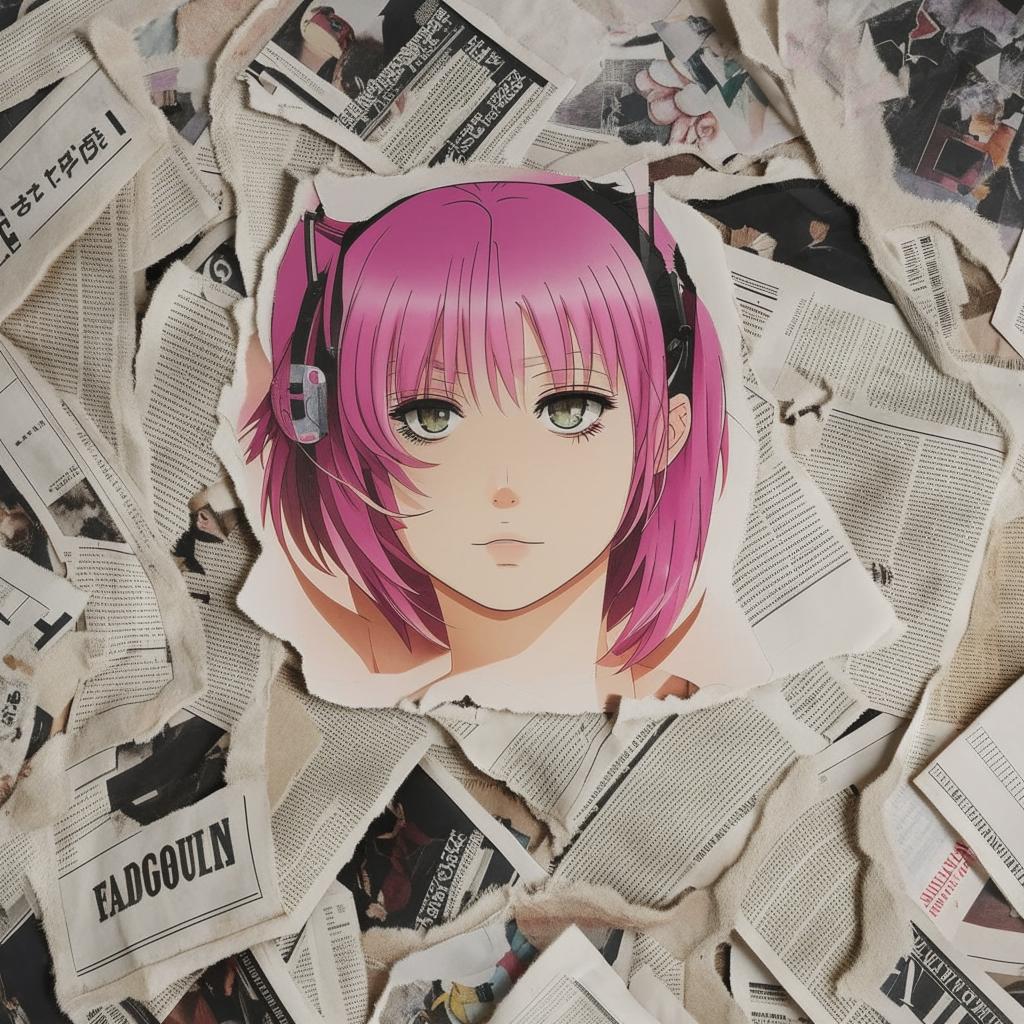 Close-up of a vintage-style anime girl album cover scattered amongst torn newspapers