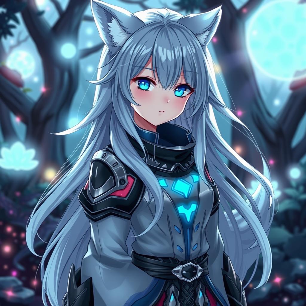 A stunning anime wolf girl with long flowing silver hair and striking bright blue eyes, wearing a stylish, futuristic outfit that blends traditional and modern elements