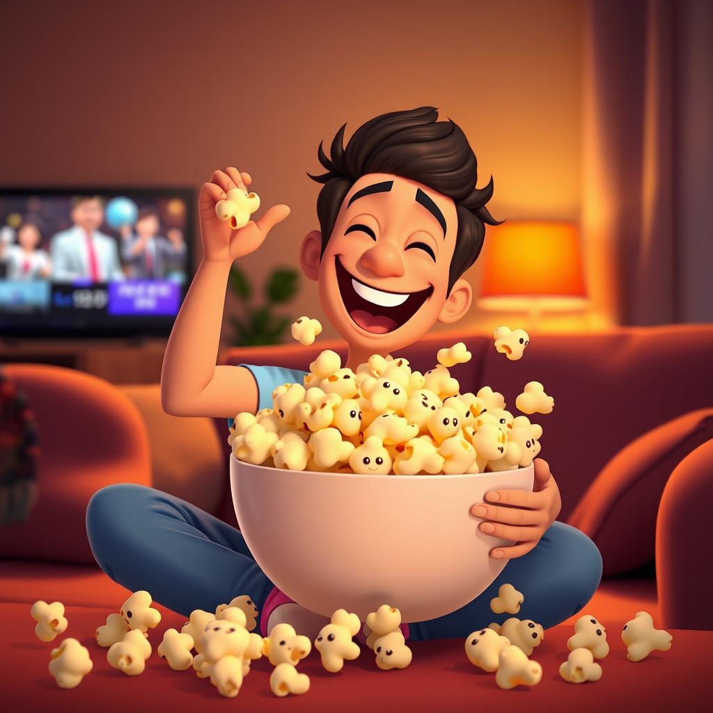 An animated 1 minute loop video of a cheerful individual sitting in a cozy living room, enjoying a bowl of popcorn