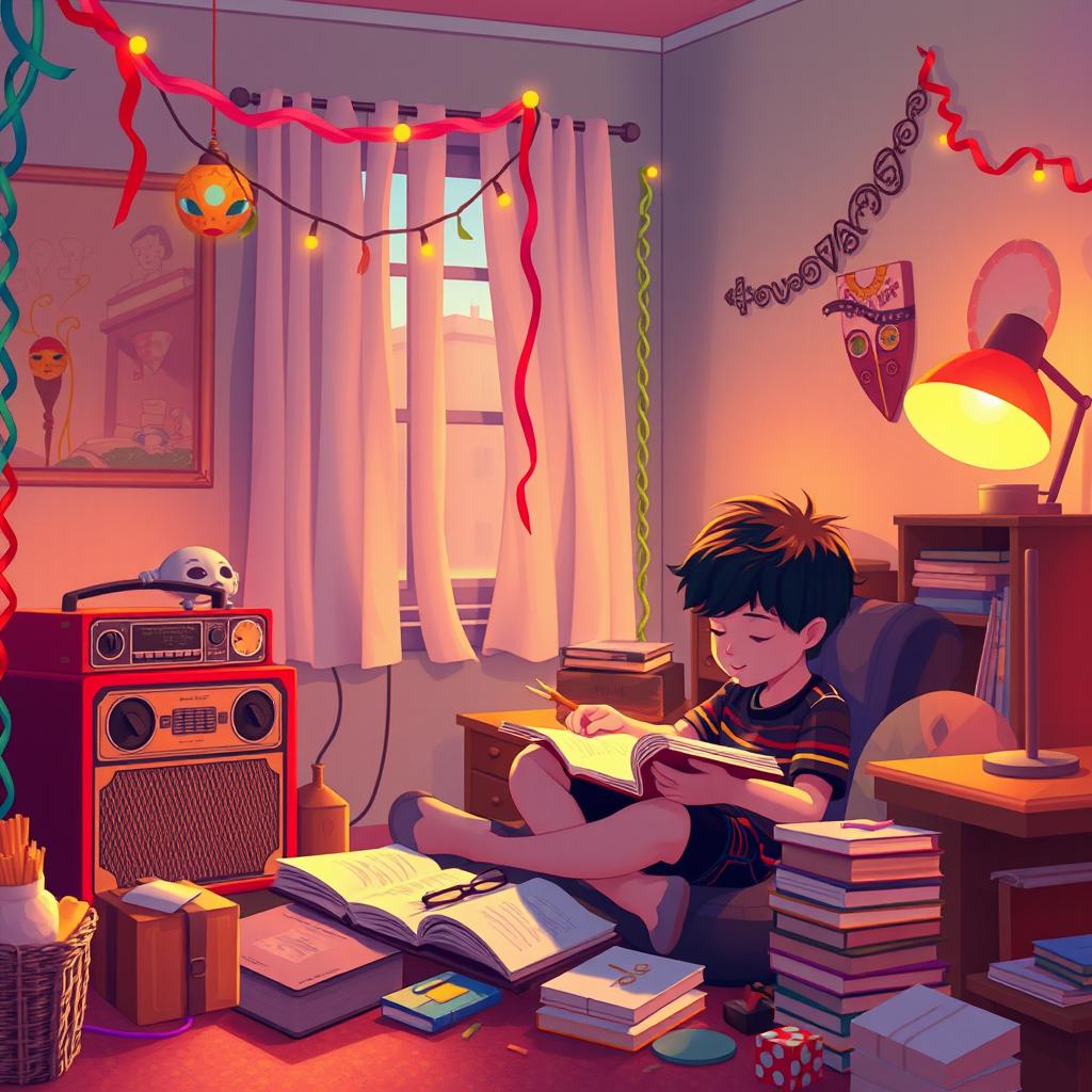 A serene and vibrant lofi scene featuring a boy studying in a cozy corner of his room