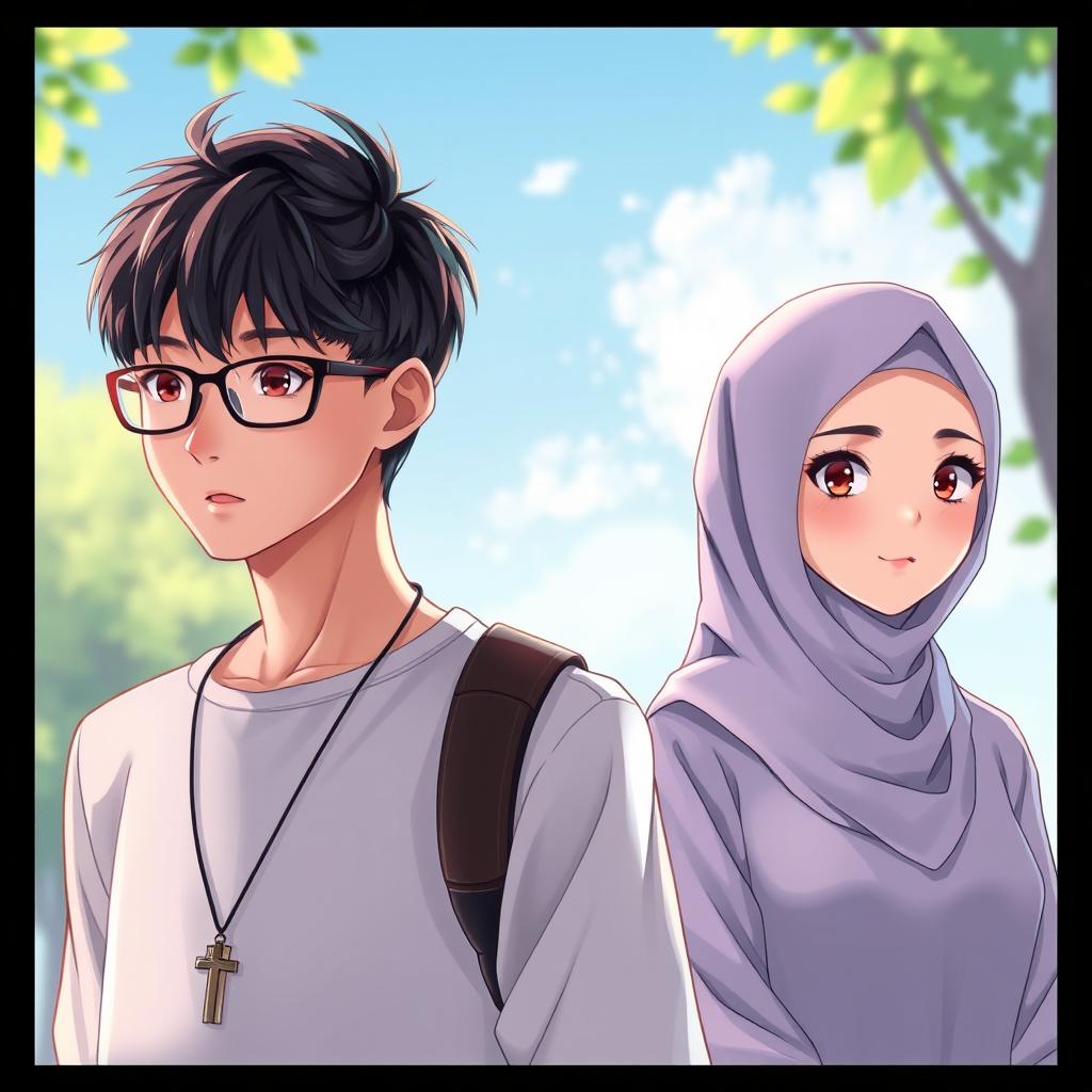 A handsome man wearing glasses with stylish bangs, tall stature, and a Christian necklace, depicted in a vibrant Donghua digital art style